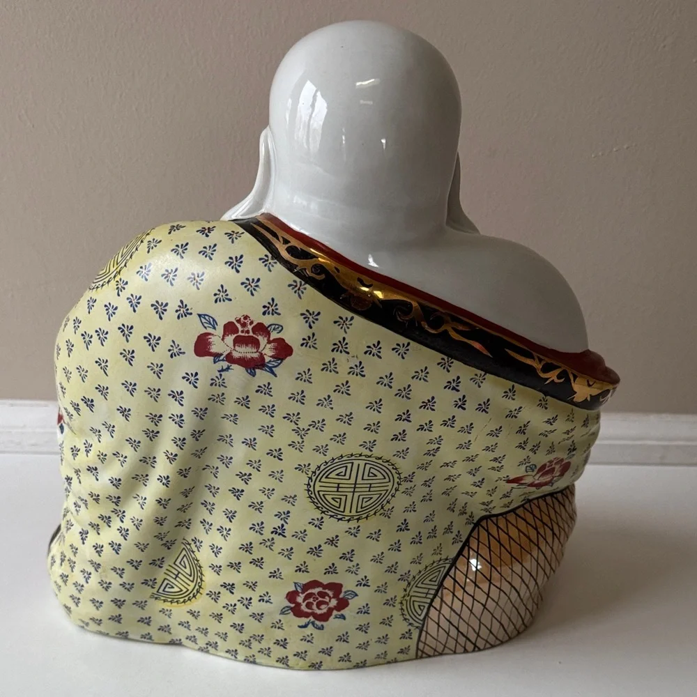 Vintage Hand-Painted Porcelain Laughing Buddha Statue in White and Multicolor - Picture 3 of 14